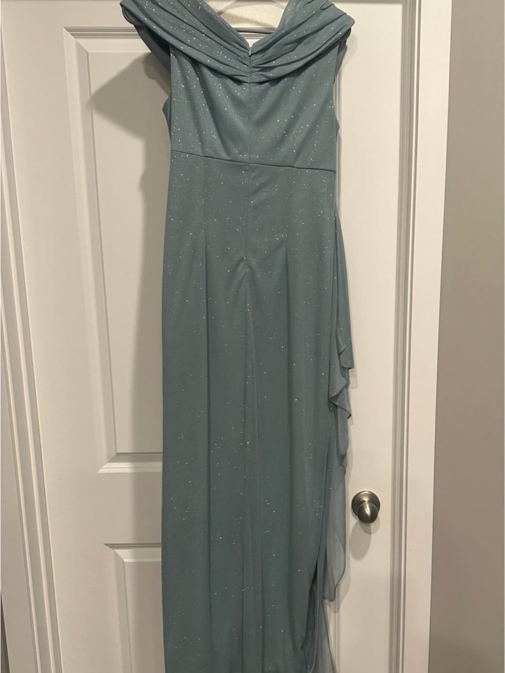 Off-Shoulder Sparkle Maxi Dress in Dusty Blue